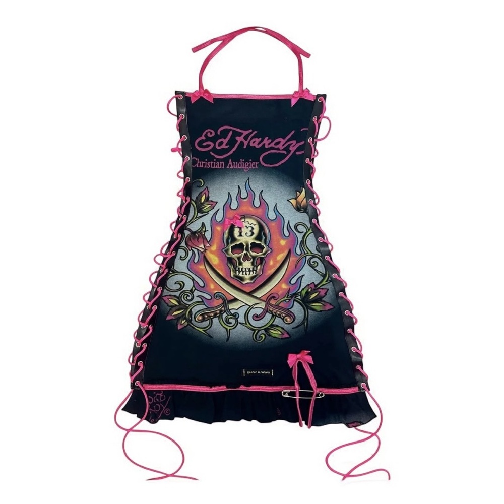 Ed Hardy Black & Pink Lace-Up Halter Dress